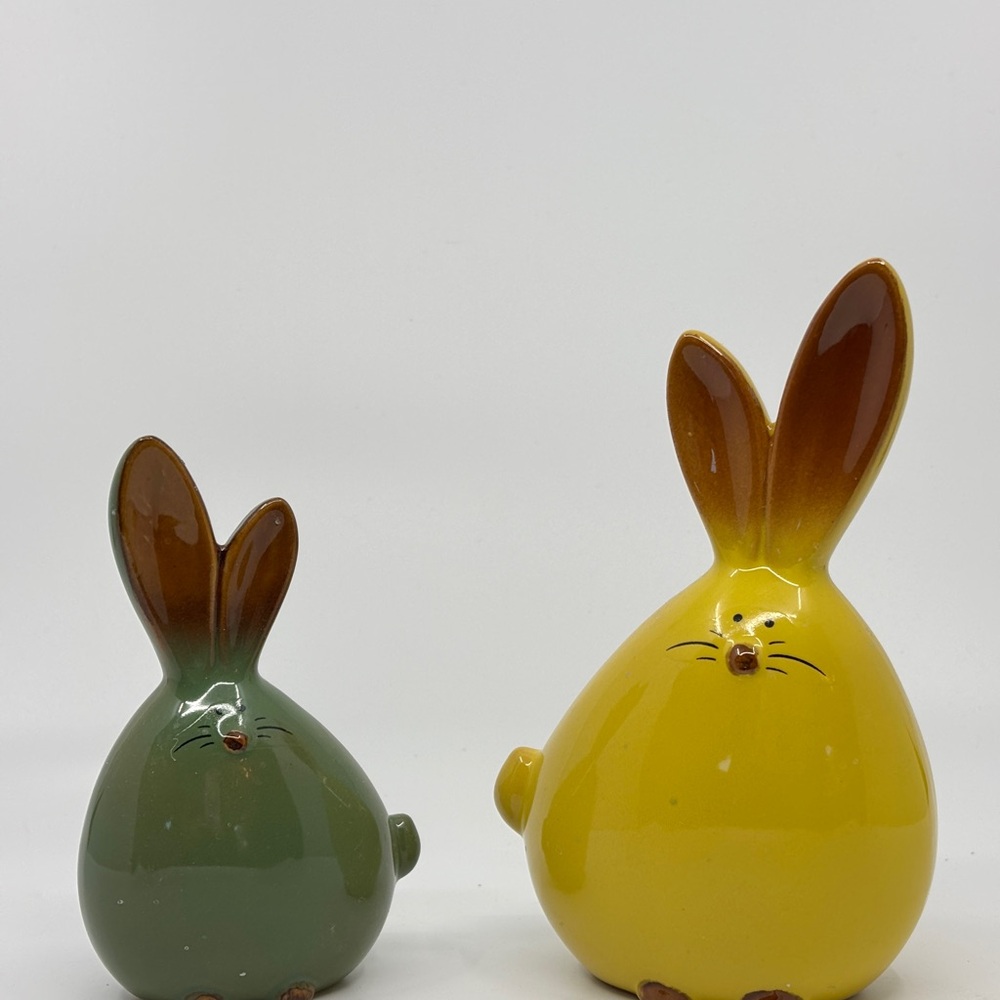 Ceramic Bunny Figurines in Green and Yellow